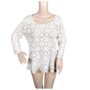 Swim Cover Up Shirt Womens Medium Large White Crochet Lace Stretch Top Blouse‎